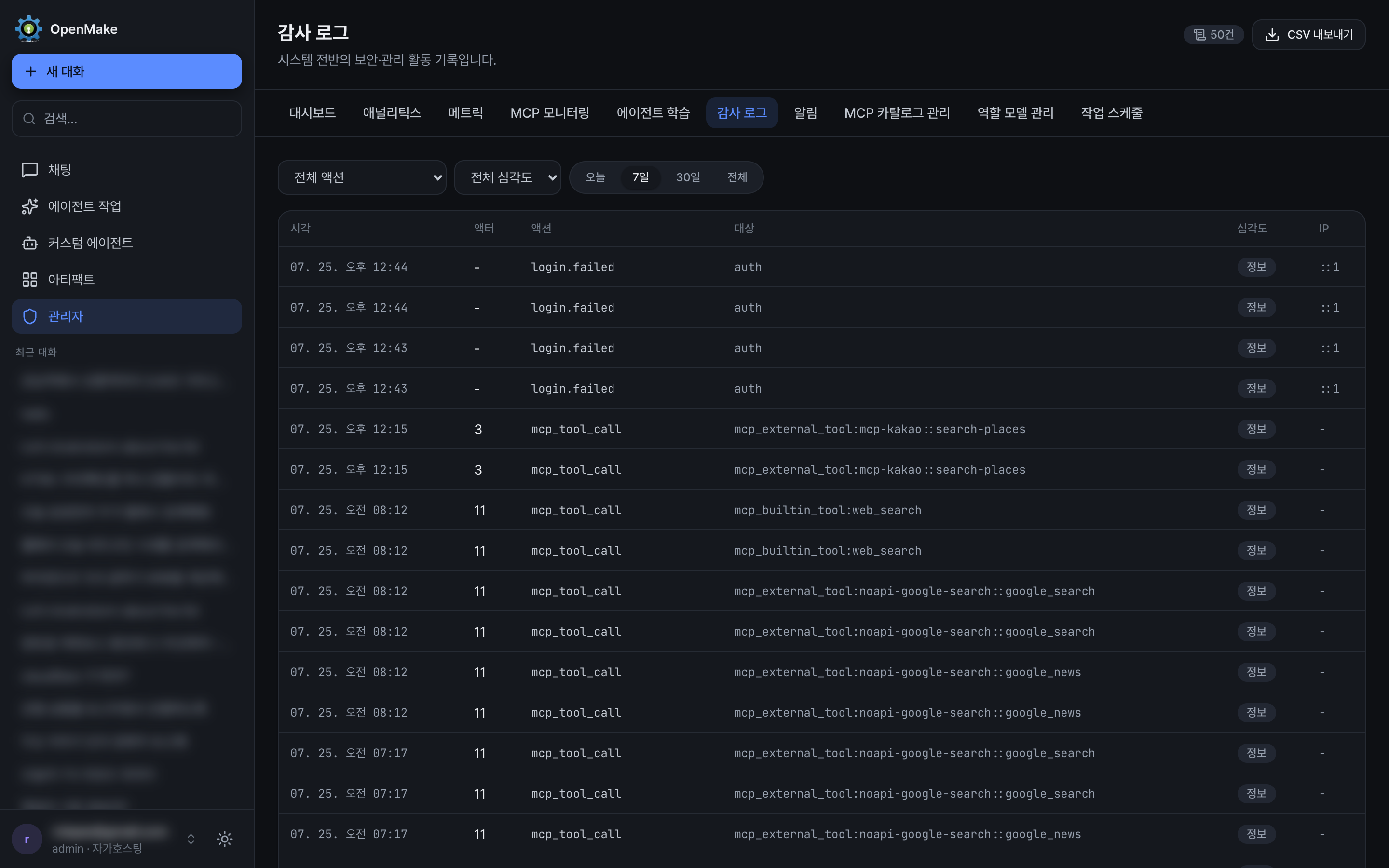 実行者、操作種別、時刻を表示した監査ログ